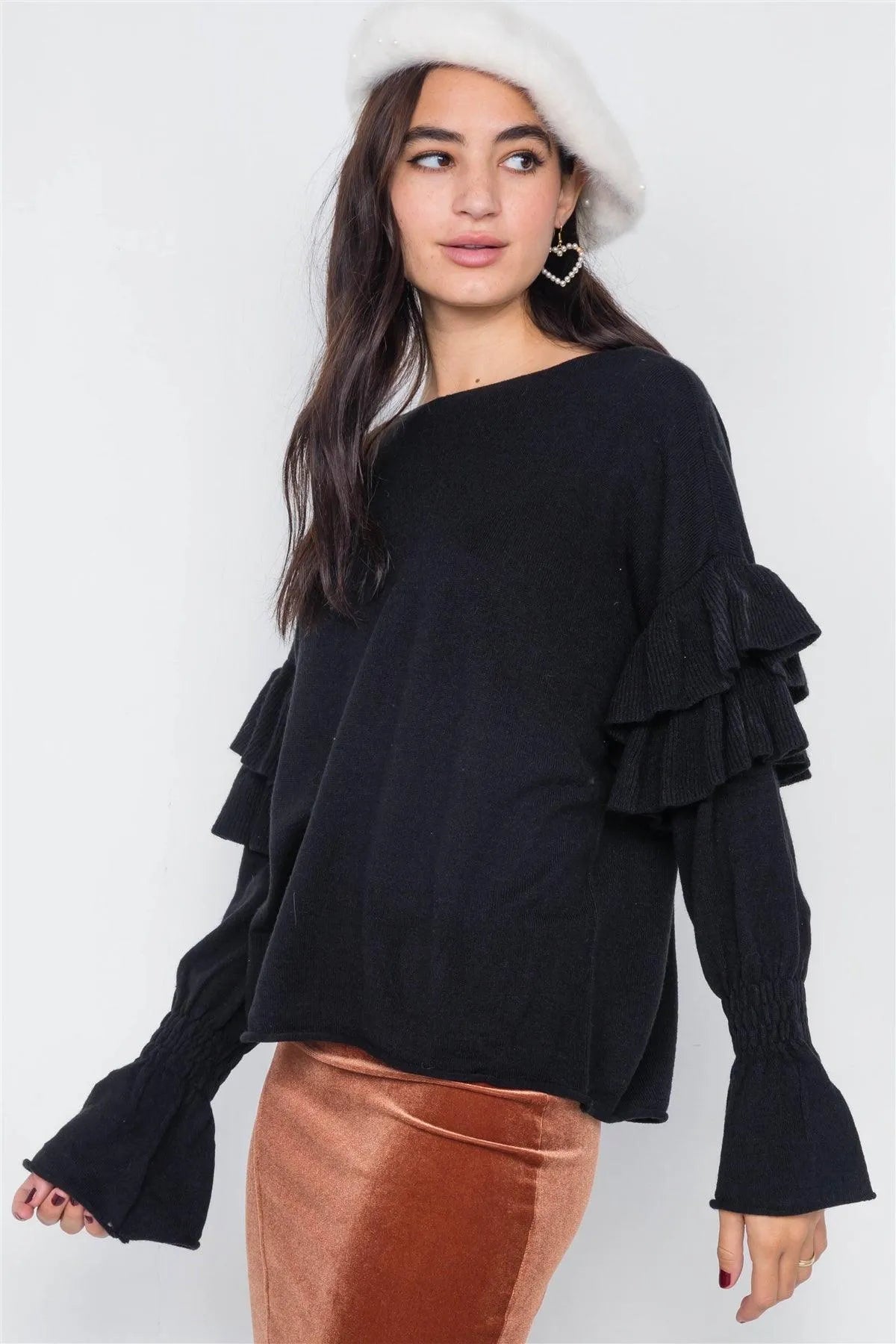 Black Raw Scoop Neck Tiered Frill Cinched Bell Sleeve Sweater /3-2-1 - Tasha Apparel Wholesale