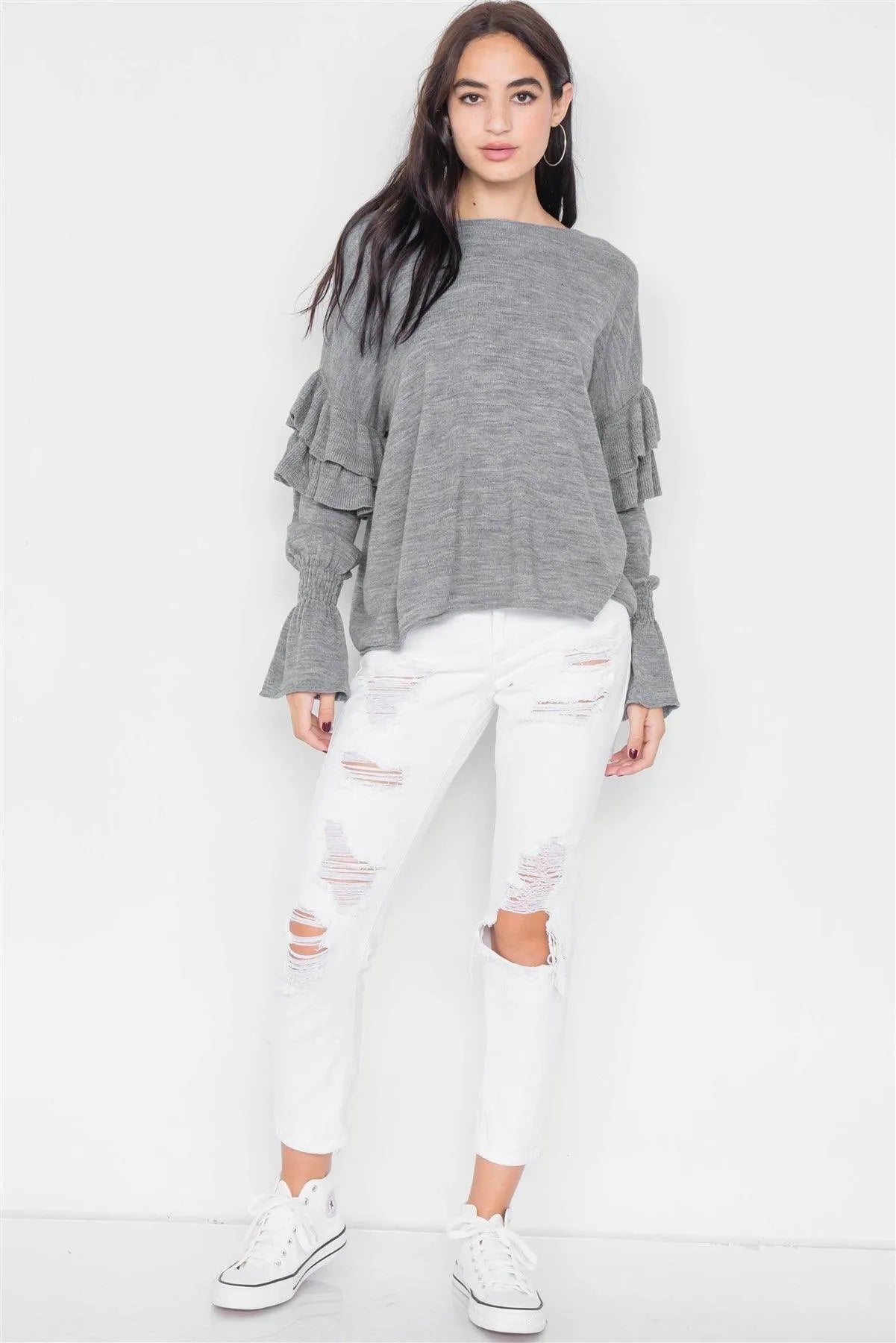 Heather Grey Raw Scoop Neck Tiered Frill Cinched Bell Sleeve Sweater /3-2-1 - Tasha Apparel Wholesale