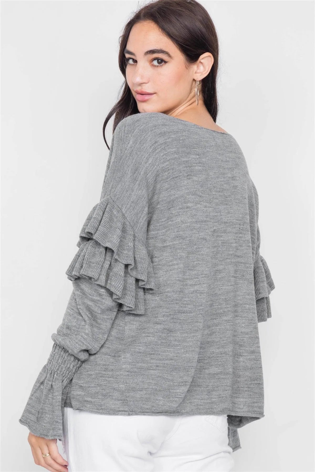 Heather Grey Raw Scoop Neck Tiered Frill Cinched Bell Sleeve Sweater /3-2-1 - Tasha Apparel Wholesale