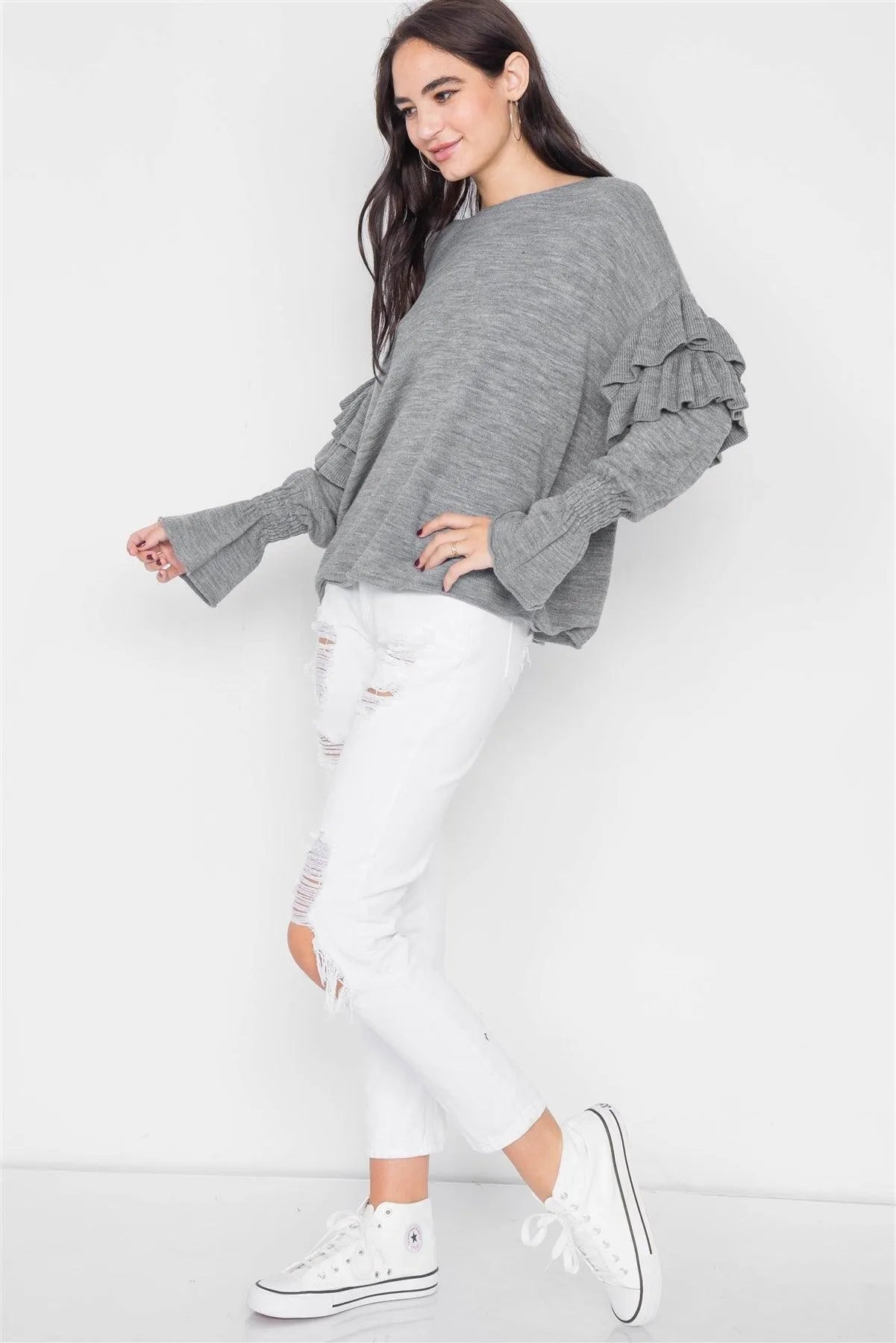 Heather Grey Raw Scoop Neck Tiered Frill Cinched Bell Sleeve Sweater /3-2-1 - Tasha Apparel Wholesale