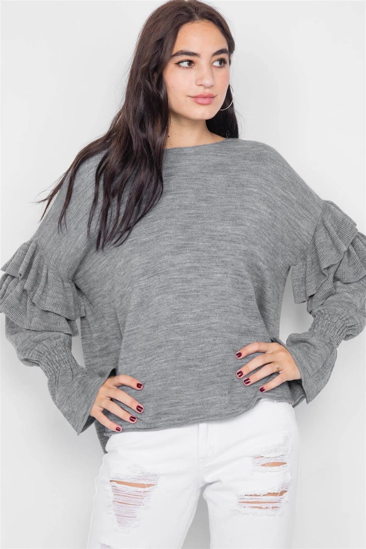 Heather Grey Raw Scoop Neck Tiered Frill Cinched Bell Sleeve Sweater /3-2-1 - Tasha Apparel Wholesale
