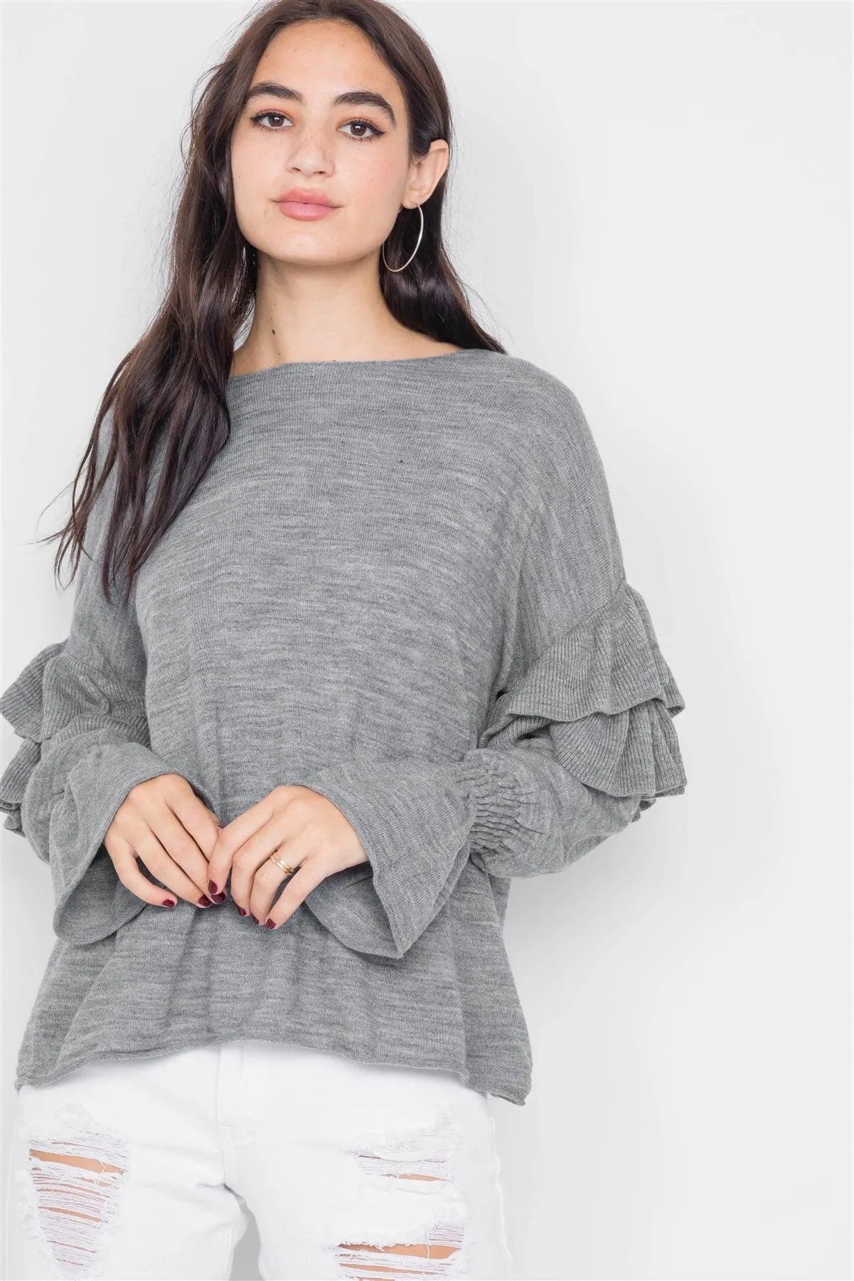 Heather Grey Raw Scoop Neck Tiered Frill Cinched Bell Sleeve Sweater /3-2-1 - Tasha Apparel Wholesale