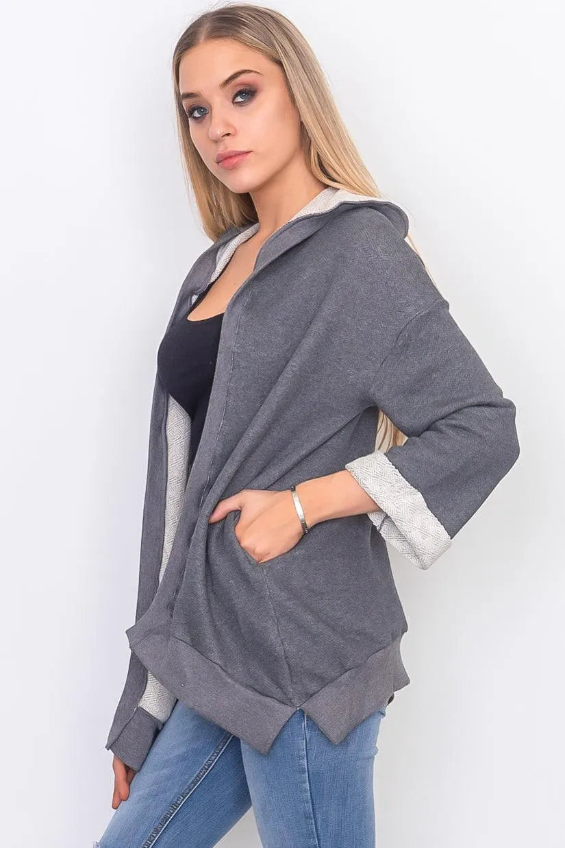 Charcoal French Terry Hoodie Cardigan /3-2-1 - Tasha Apparel Wholesale