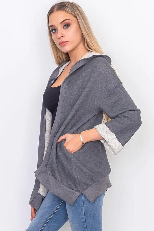 Charcoal French Terry Hoodie Cardigan /3-2-1 - Tasha Apparel Wholesale