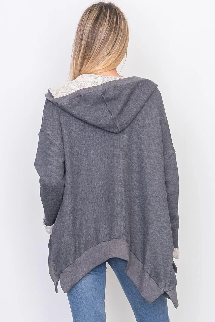 Charcoal French Terry Hoodie Cardigan /3-2-1 - Tasha Apparel Wholesale