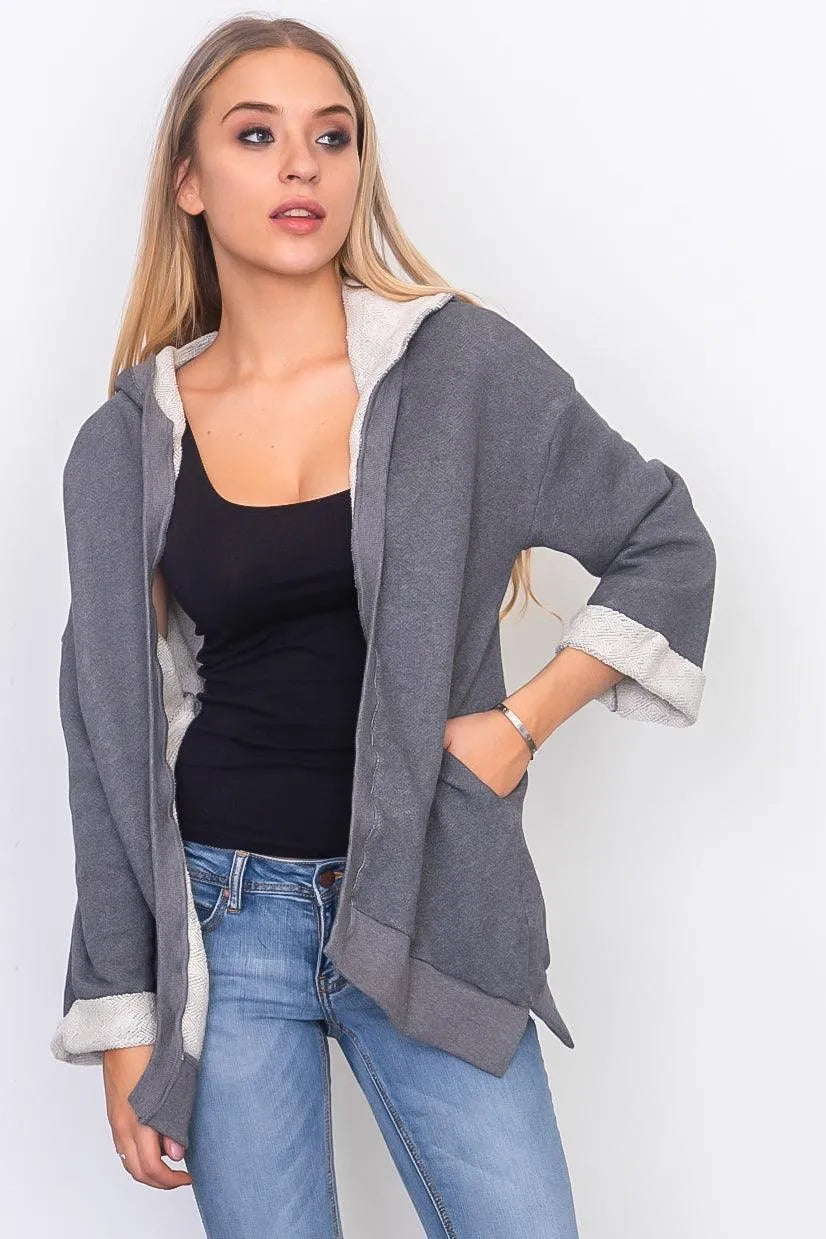 Charcoal French Terry Hoodie Cardigan /3-2-1 - Tasha Apparel Wholesale