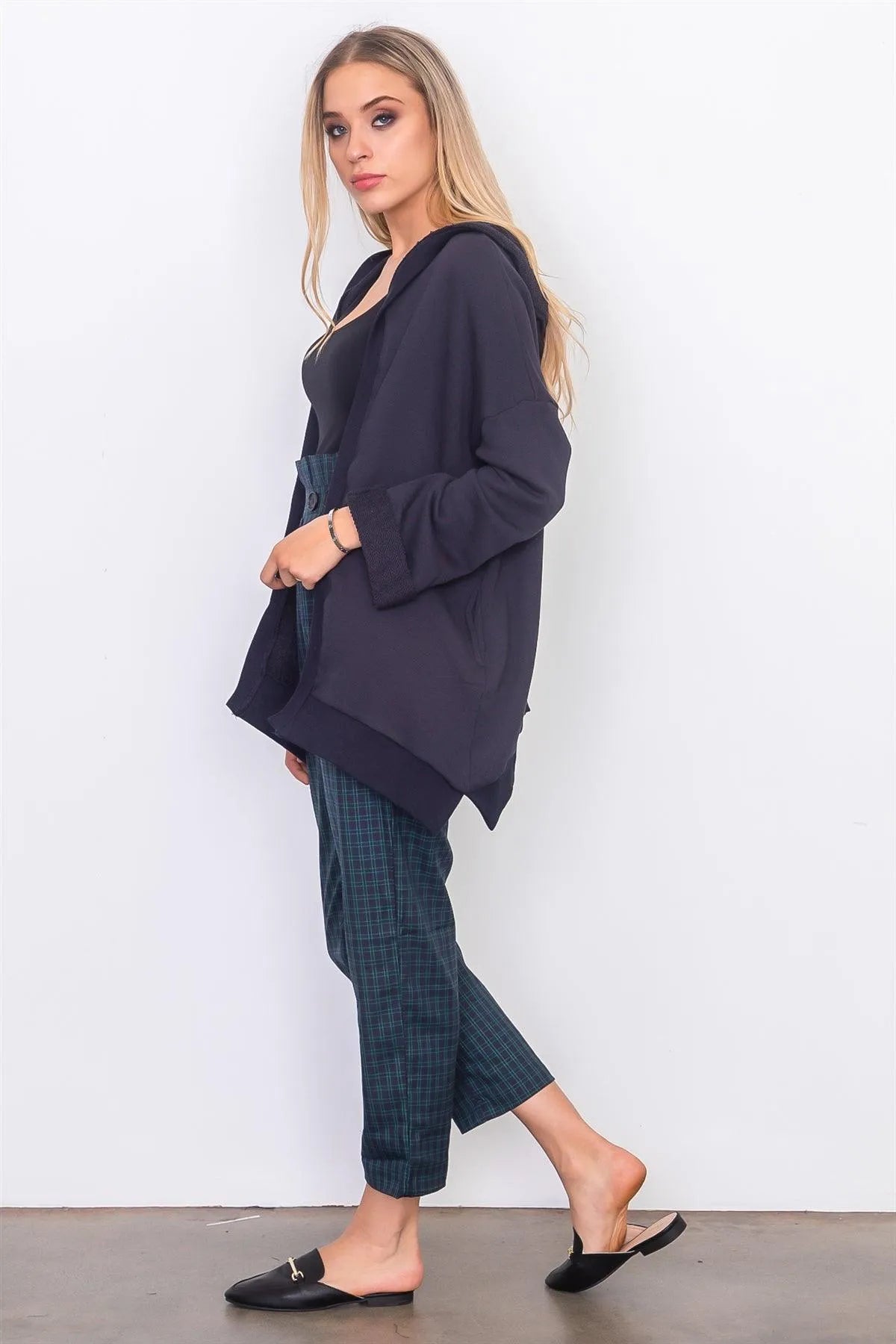 Navy French Terry Hoodie Cardigan /2-2-1 - Tasha Apparel Wholesale