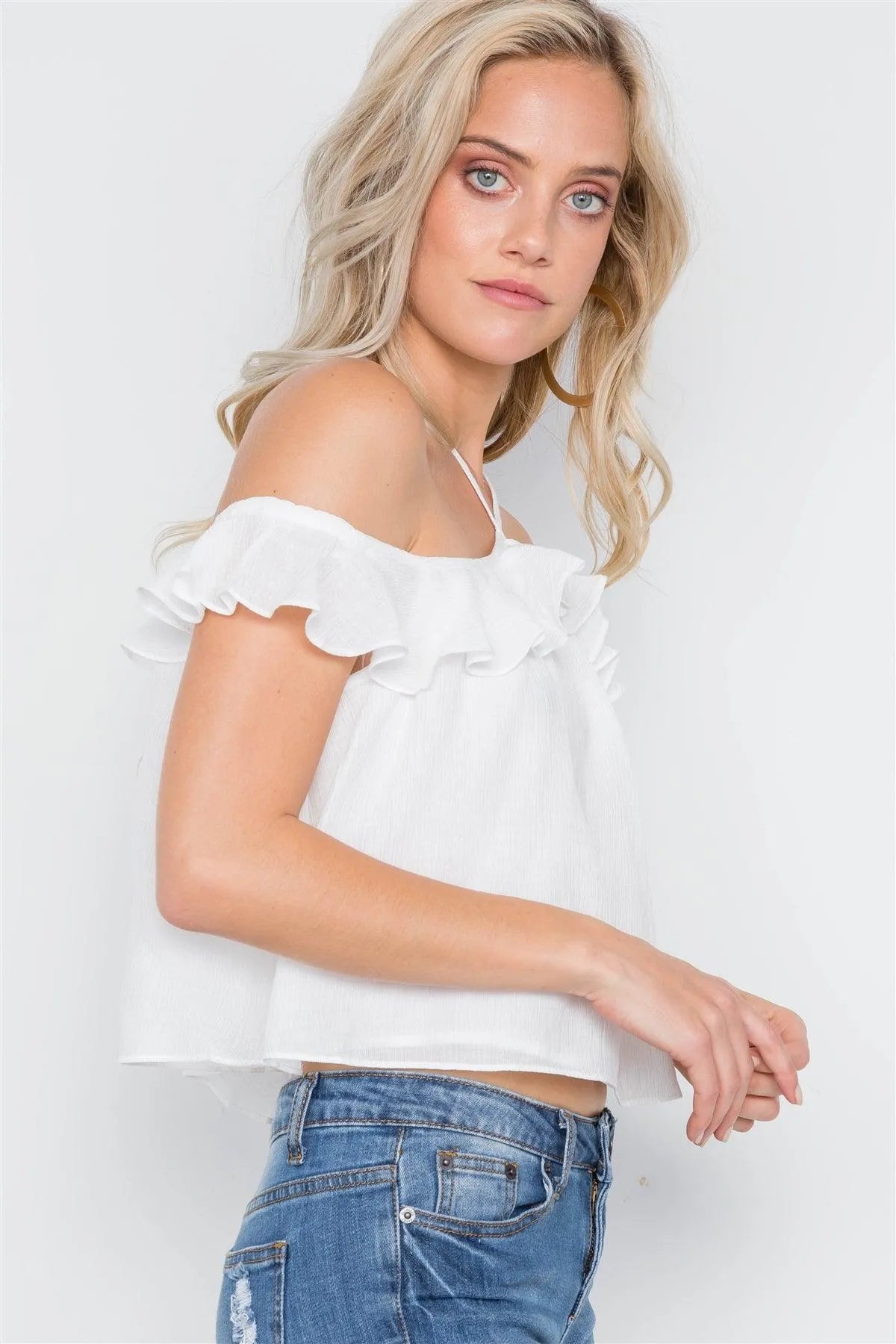 Off White Ruffle Layer Halter Top /3-2-1 - Tasha Apparel Wholesale
