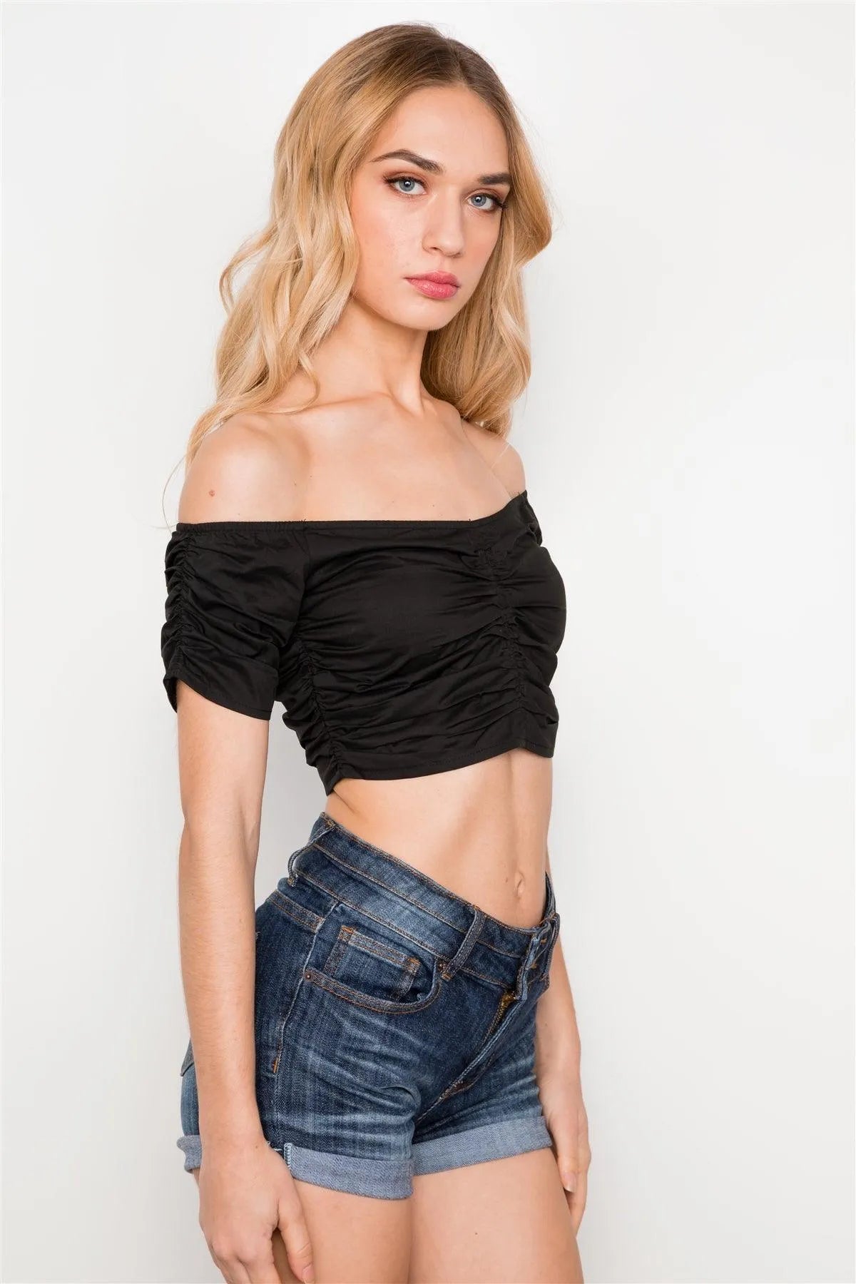 Black Off The Shoulder Ribbed Crop Top /3-2-1 - Tasha Apparel Wholesale