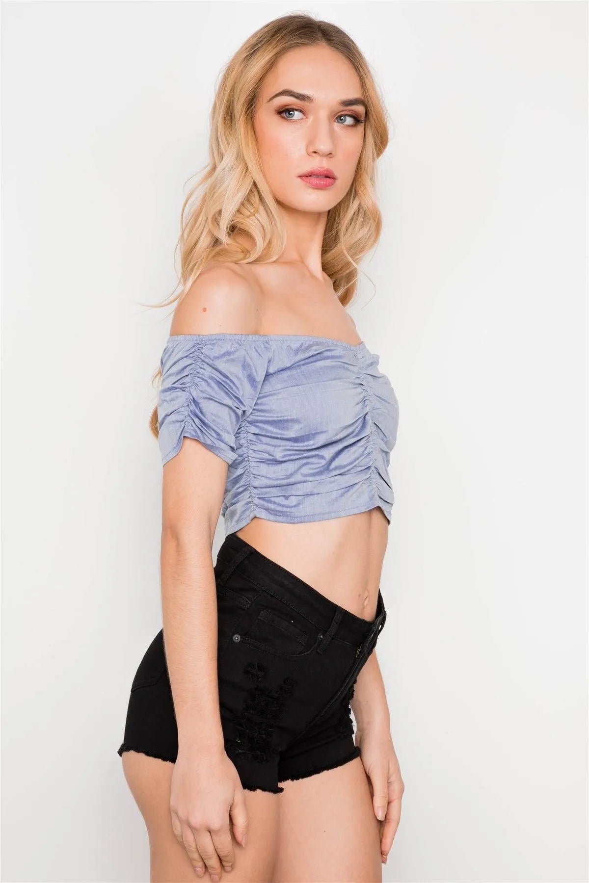 Denim Off The Shoulder Ribbed Crop Top /3-2-1 - Tasha Apparel Wholesale