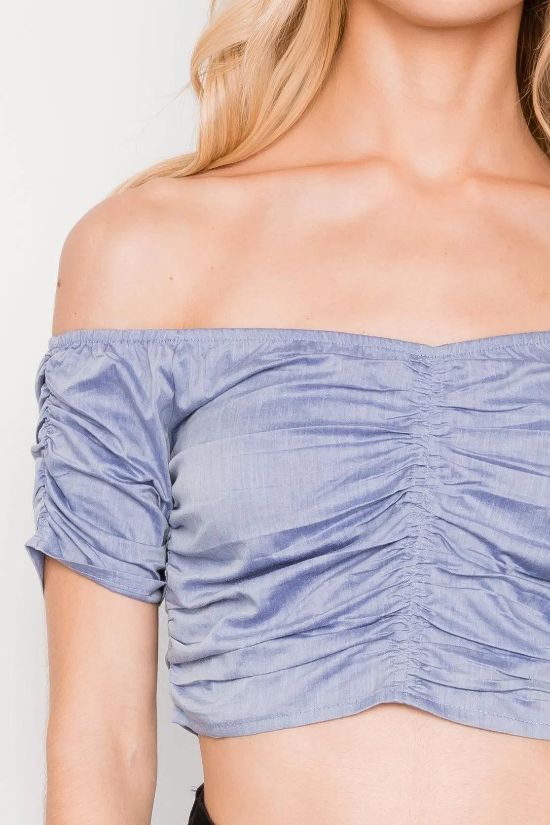 Denim Off The Shoulder Ribbed Crop Top /3-2-1 - Tasha Apparel Wholesale