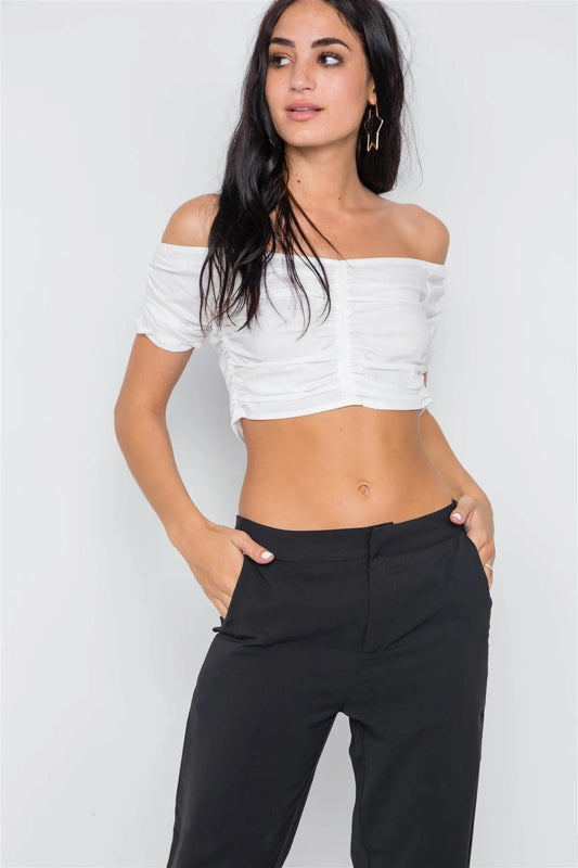 Off White Off The Shoulder Ribbed Crop Top /3-2-1 - Tasha Apparel Wholesale
