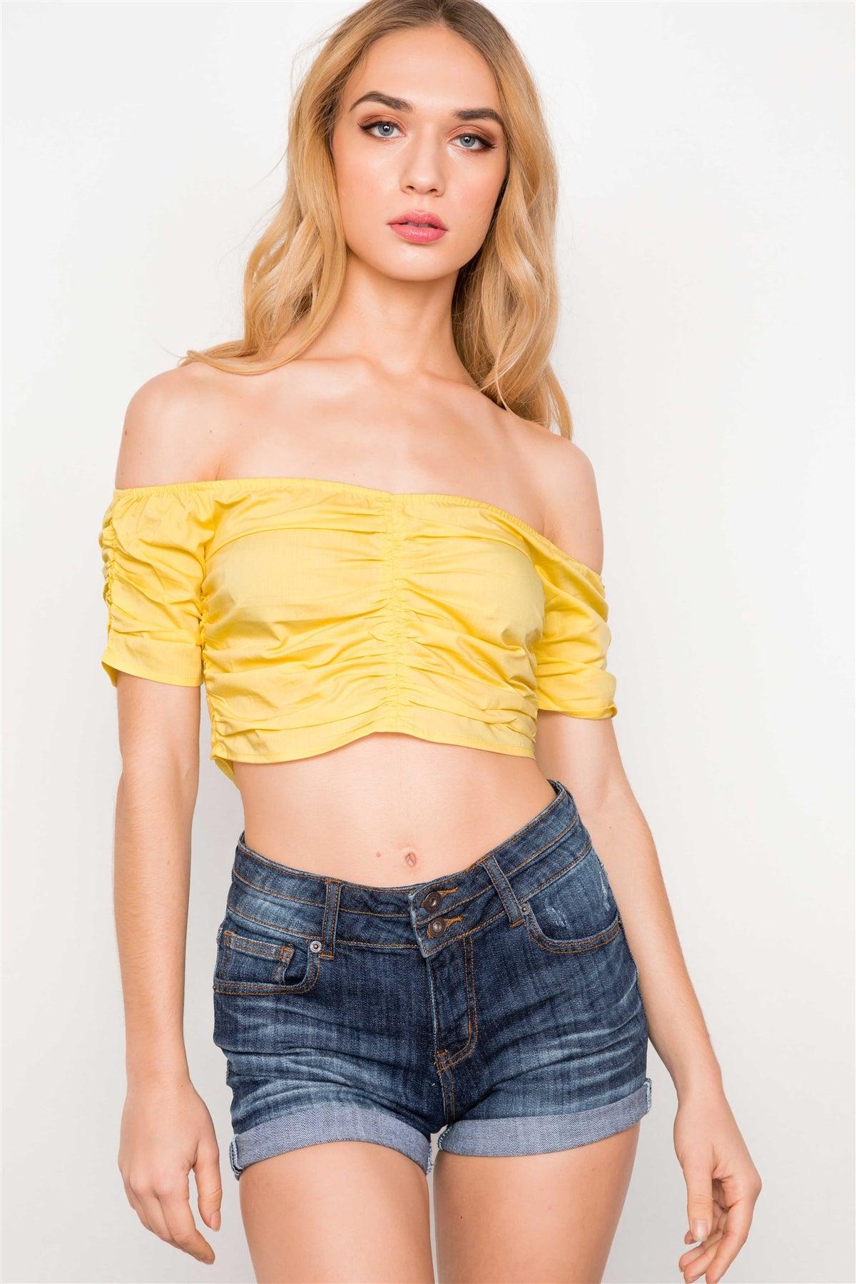 Yellow Off The Shoulder Ribbed Crop Top /2-2-1