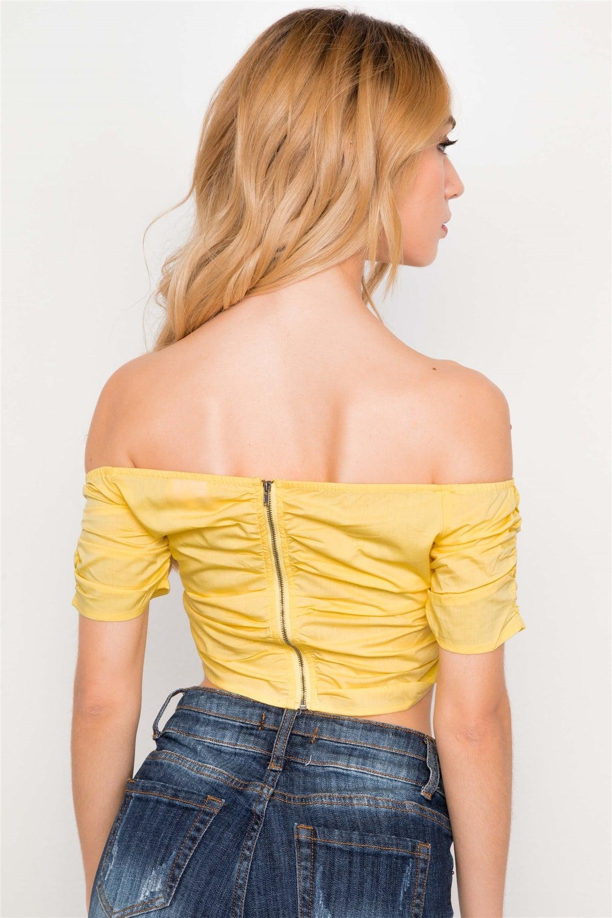 Yellow Off The Shoulder Ribbed Crop Top /2-2-1