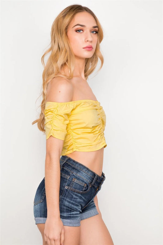 Yellow Off The Shoulder Ribbed Crop Top /3-2-1 - Tasha Apparel Wholesale