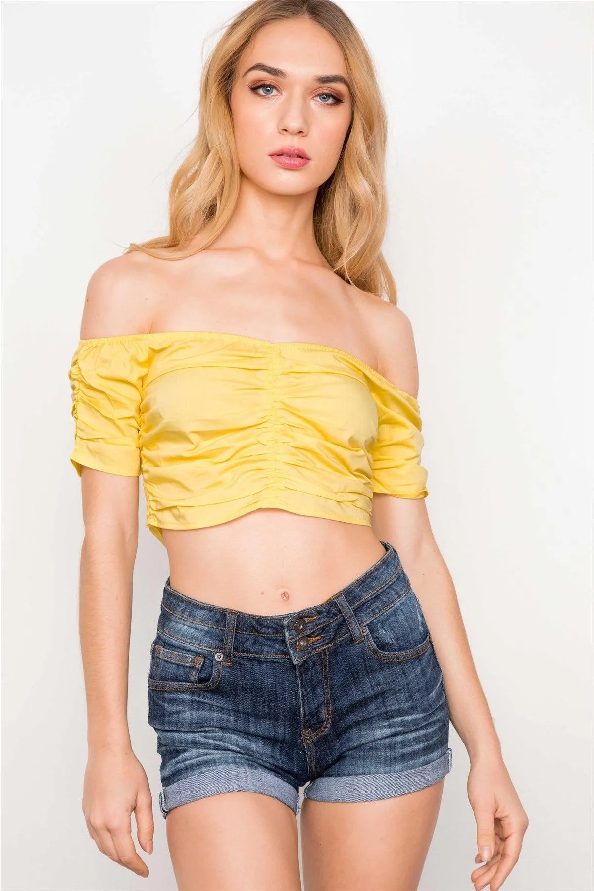 Yellow Off The Shoulder Ribbed Crop Top /3-2-1 - Tasha Apparel Wholesale