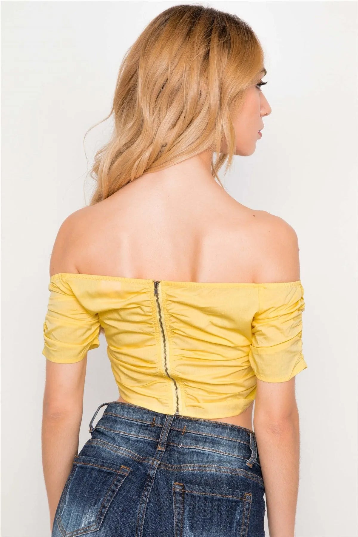 Yellow Off The Shoulder Ribbed Crop Top /3-2-1 - Tasha Apparel Wholesale