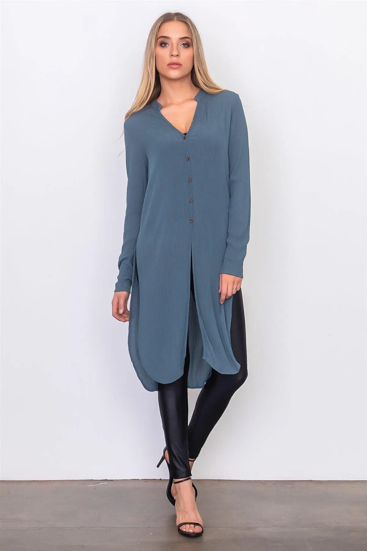 Teal Side Split Front Button Down Long Shirt /2-2-1 - Tasha Apparel Wholesale