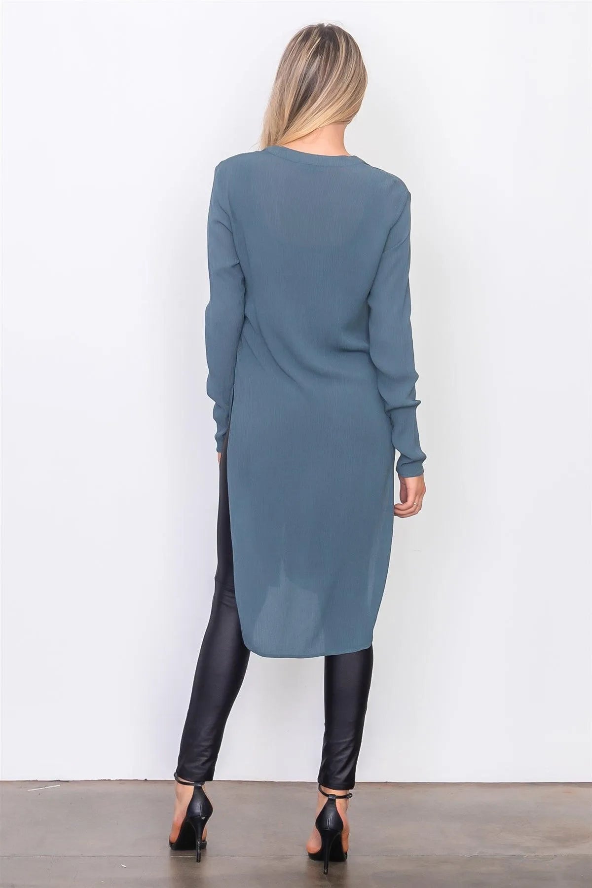 Teal Side Split Front Button Down Long Shirt /2-2-1 - Tasha Apparel Wholesale