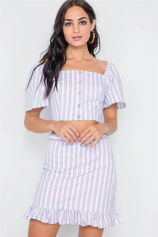 Blue Red Stripe Two Piece Crop Top Ruffle Skirt Set /3-2 - Tasha Apparel Wholesale