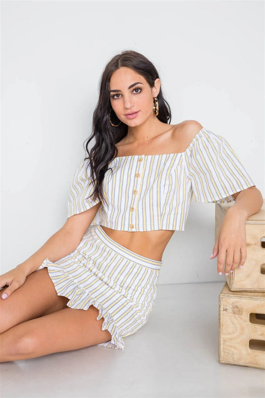 Yellow Navy Stripe Two Piece Crop Top Ruffle Skirt Set /3-2-1 - Tasha Apparel Wholesale