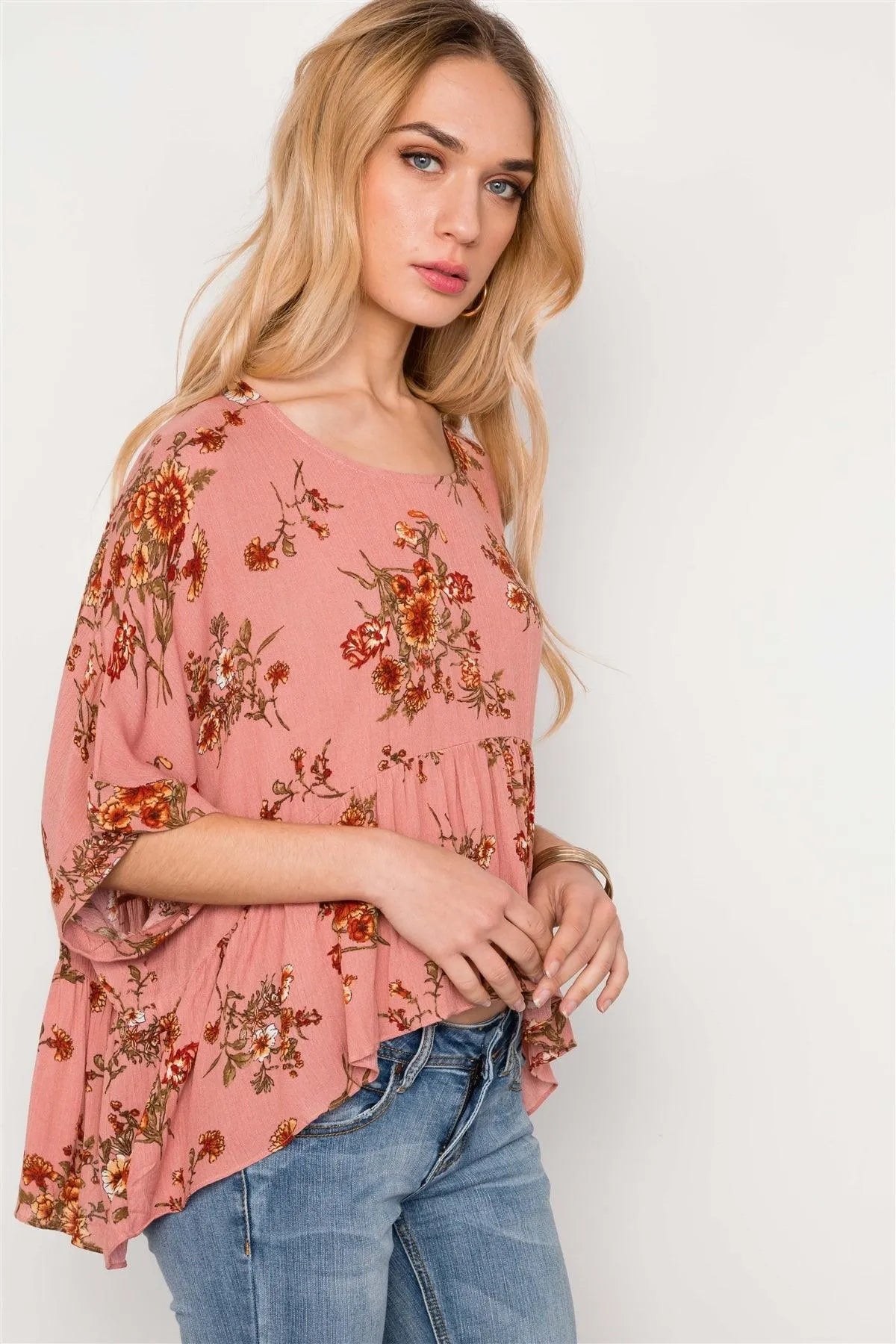 Floral Multi Peach High Low Round Neck Top /3-2-1 - Tasha Apparel Wholesale