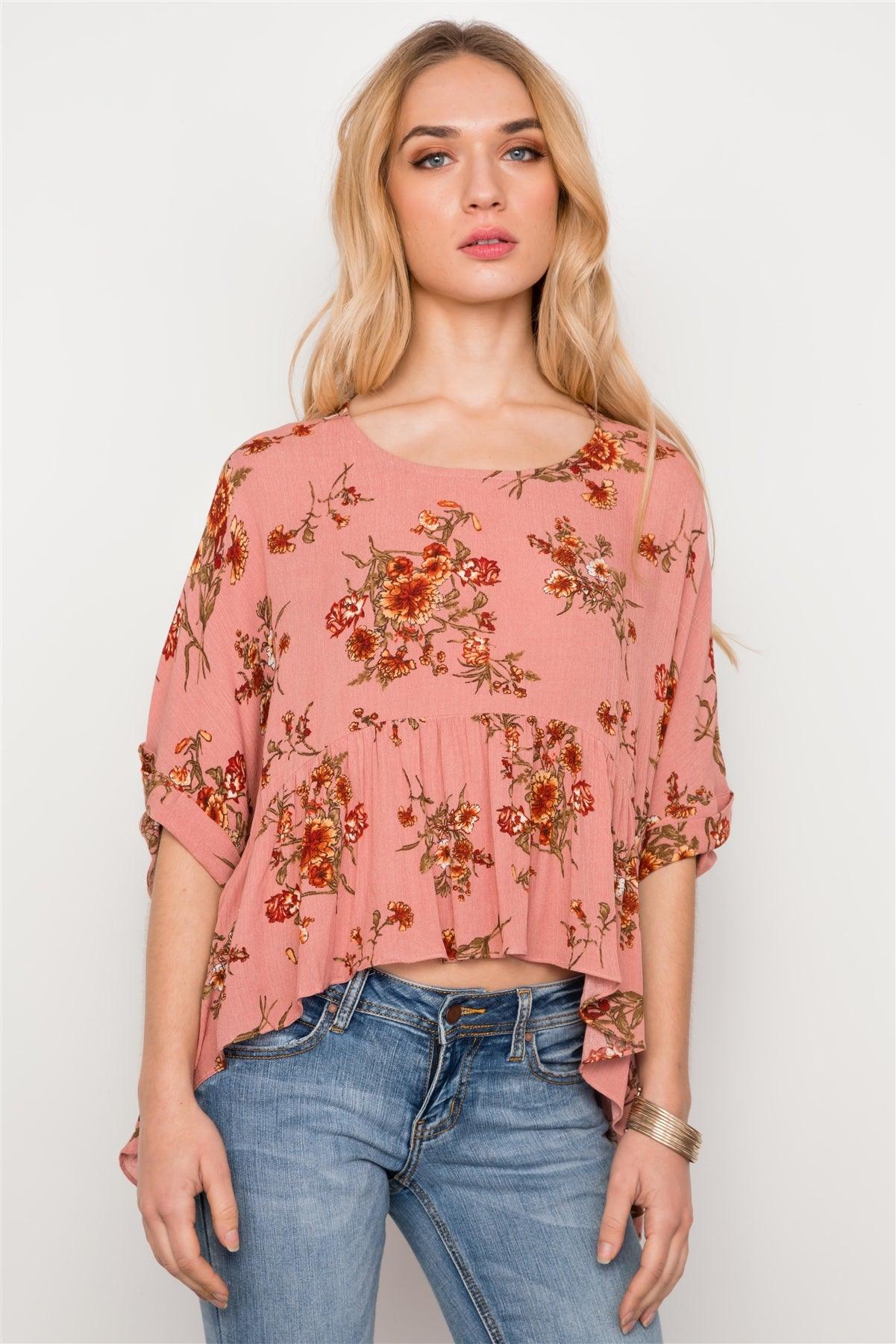 Floral Multi Peach High Low Round Neck Top /3-2-1