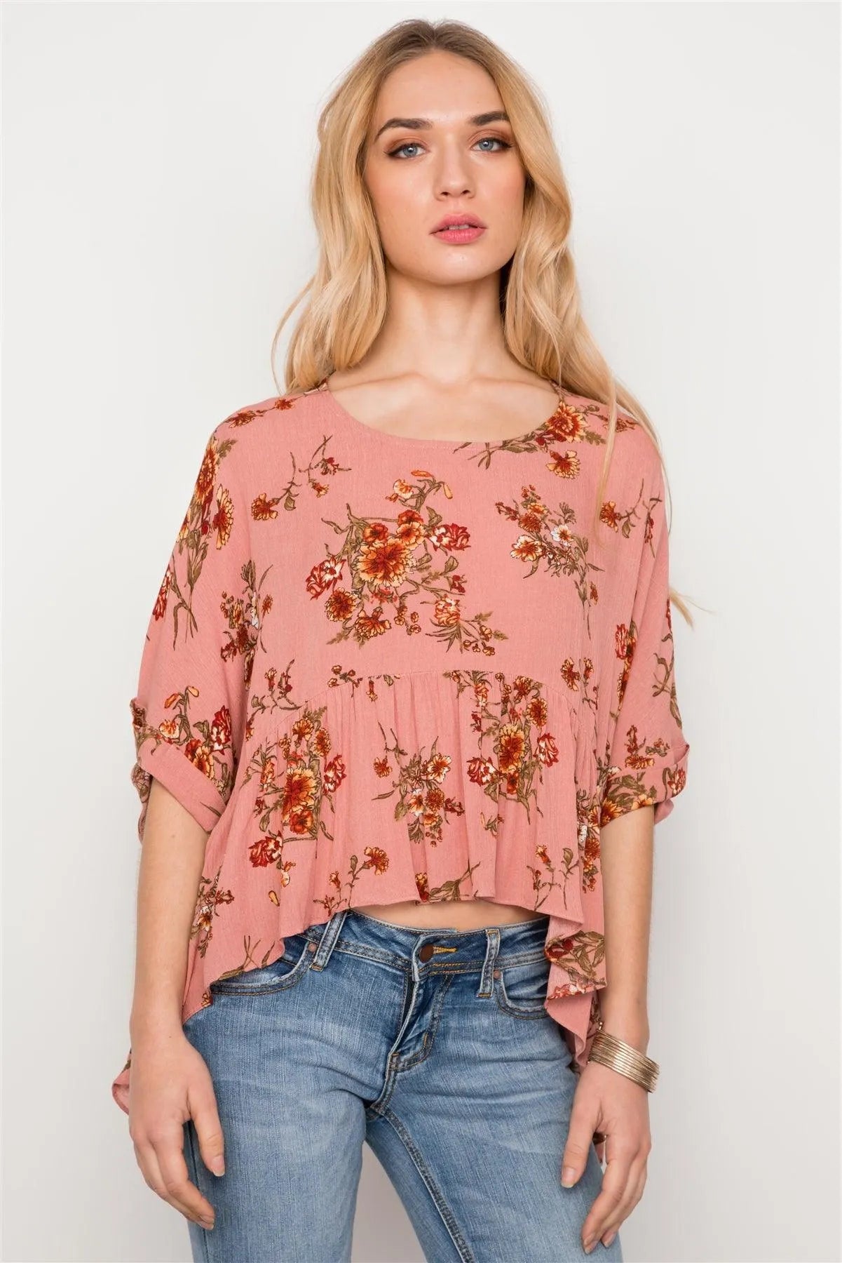 Floral Multi Peach High Low Round Neck Top /3-2-1 - Tasha Apparel Wholesale