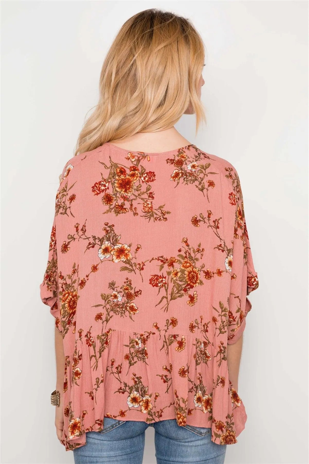 Floral Multi Peach High Low Round Neck Top /3-2-1 - Tasha Apparel Wholesale