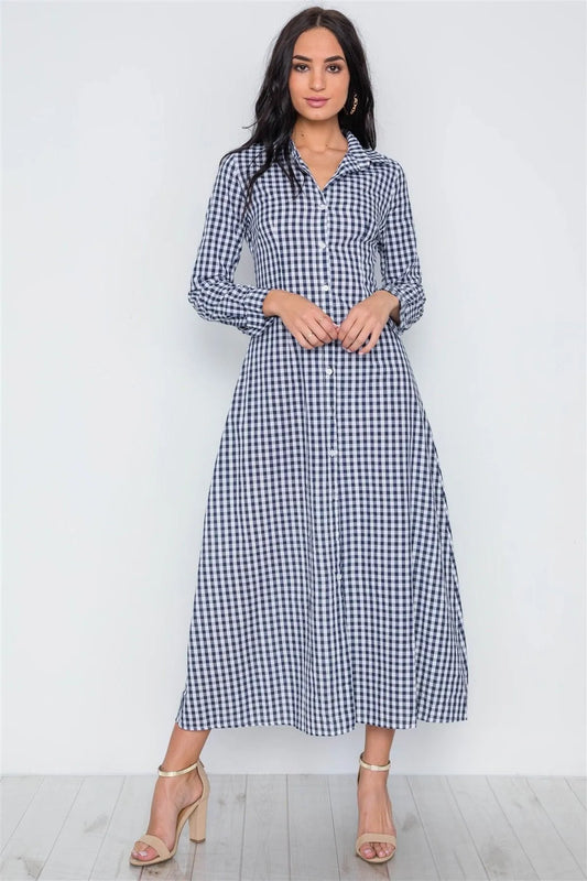 Blue Gingham Print Long Sleeve Button Down Shirt Maxi Dress /2-2-2 - Tasha Apparel Wholesale
