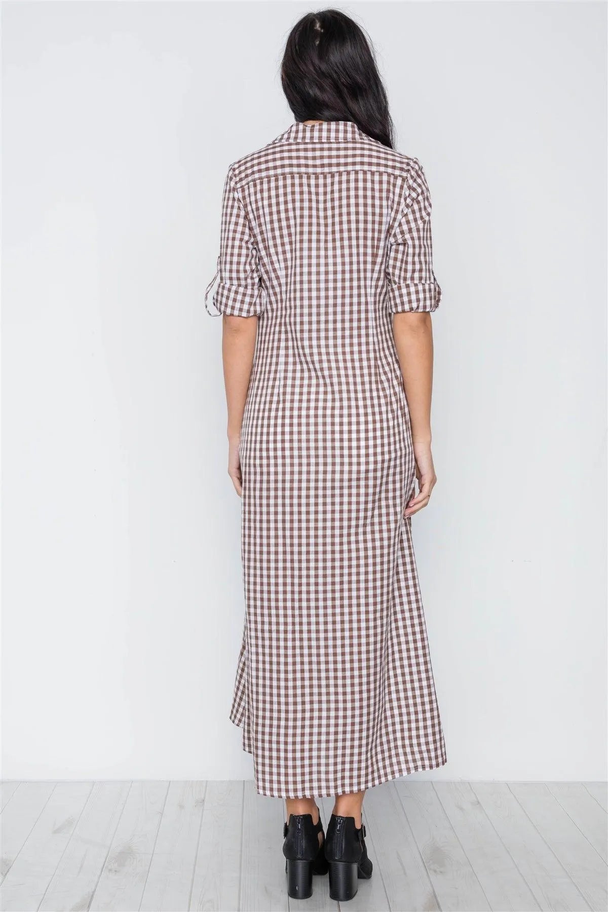 Brown Gingham Print Long Sleeve Button Down Shirt Maxi Dress /2-1-2 - Tasha Apparel Wholesale