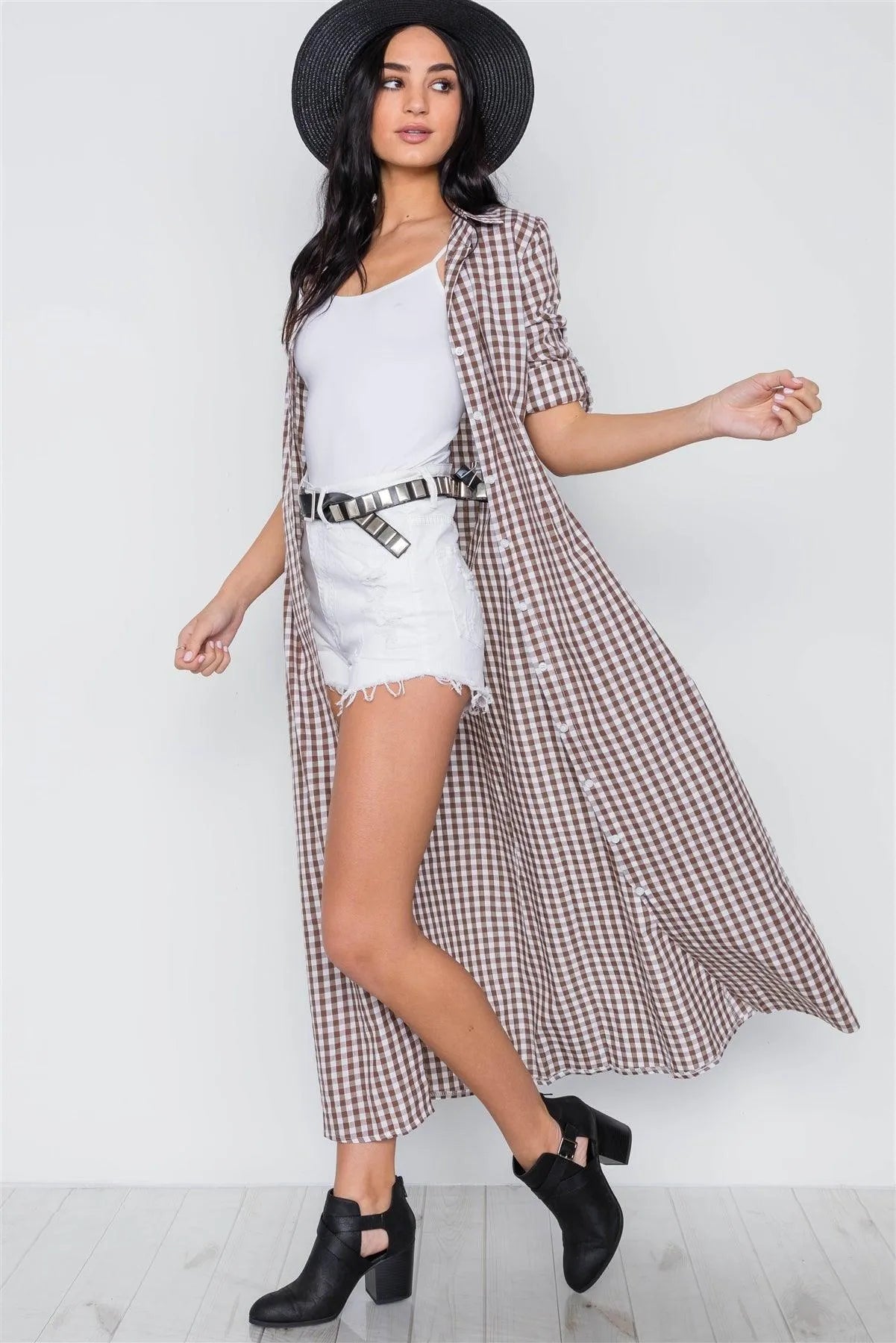 Brown Gingham Print Long Sleeve Button Down Shirt Maxi Dress /2-1-2 - Tasha Apparel Wholesale
