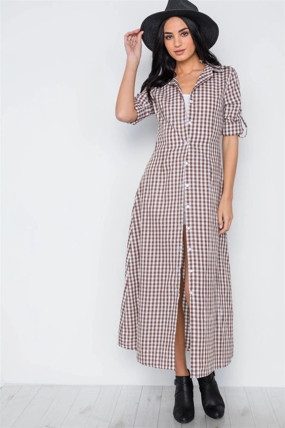 Brown Gingham Print Long Sleeve Button Down Shirt Maxi Dress /2-1-2 - Tasha Apparel Wholesale