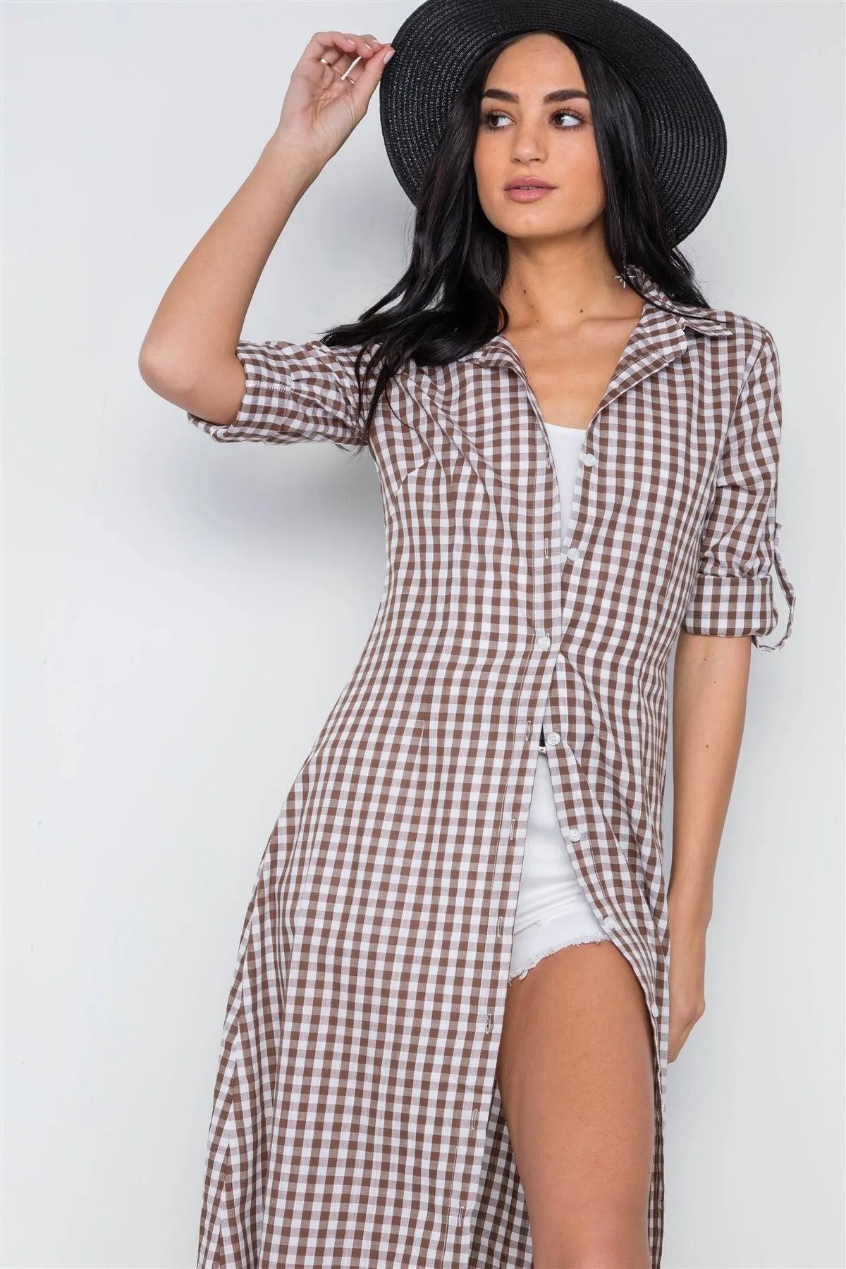 Brown Gingham Print Long Sleeve Button Down Shirt Maxi Dress /2-1-2 - Tasha Apparel Wholesale