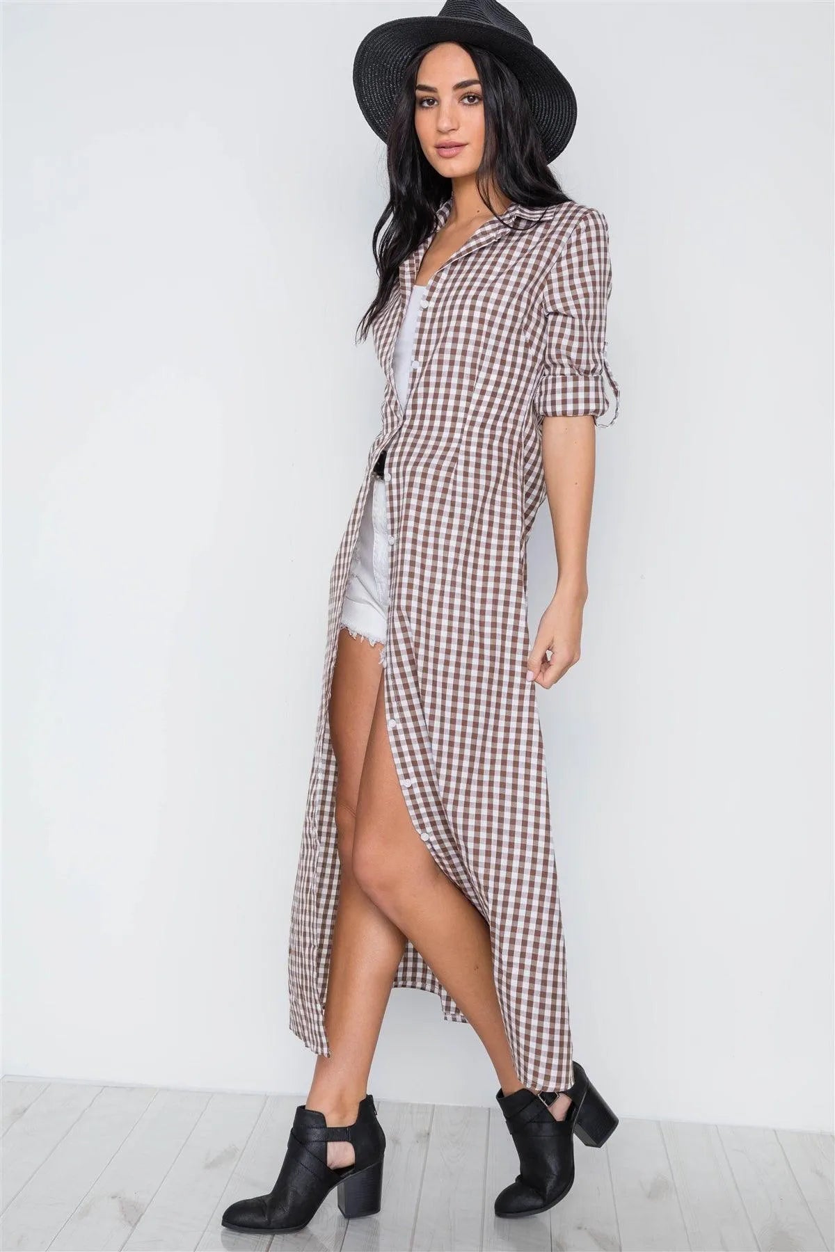 Brown Gingham Print Long Sleeve Button Down Shirt Maxi Dress /2-2-2 - Tasha Apparel Wholesale