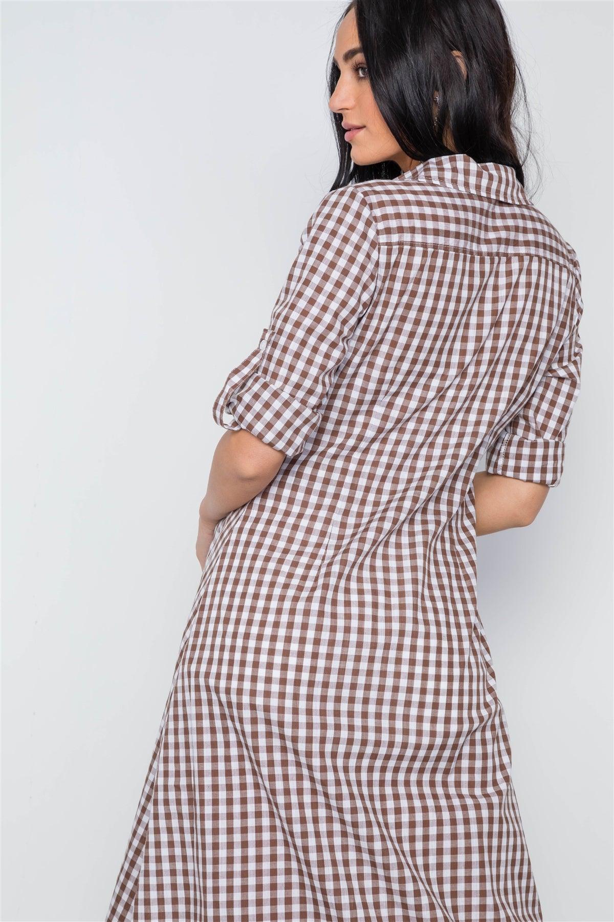 Brown Gingham Print Long Sleeve Button Down Shirt Maxi Dress /2-2-2