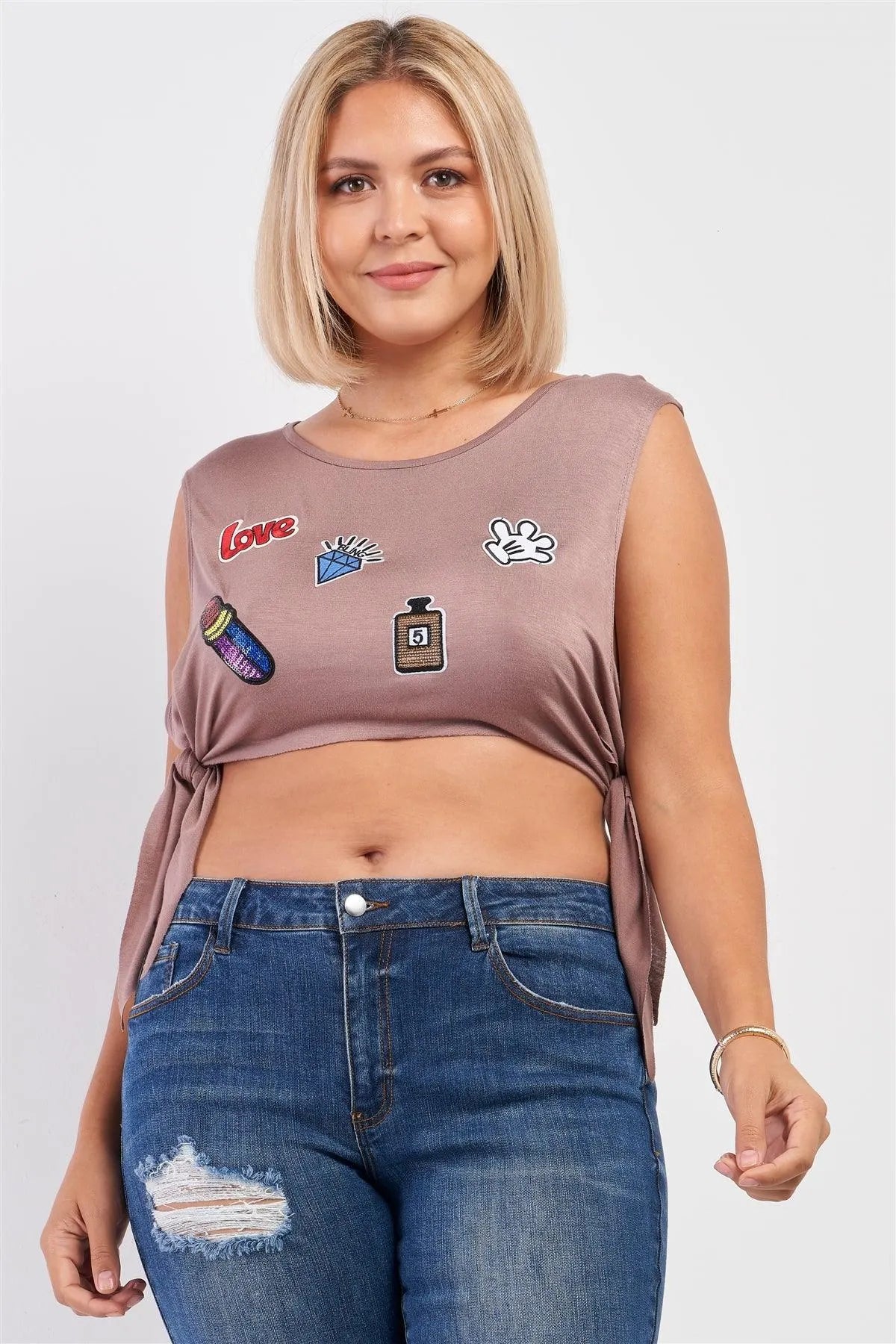 Junior Plus Mocha Sleeveless Multi Patch Detail Self-Tie Sides Distress Crop Top /2-2-2 - Tasha Apparel Wholesale