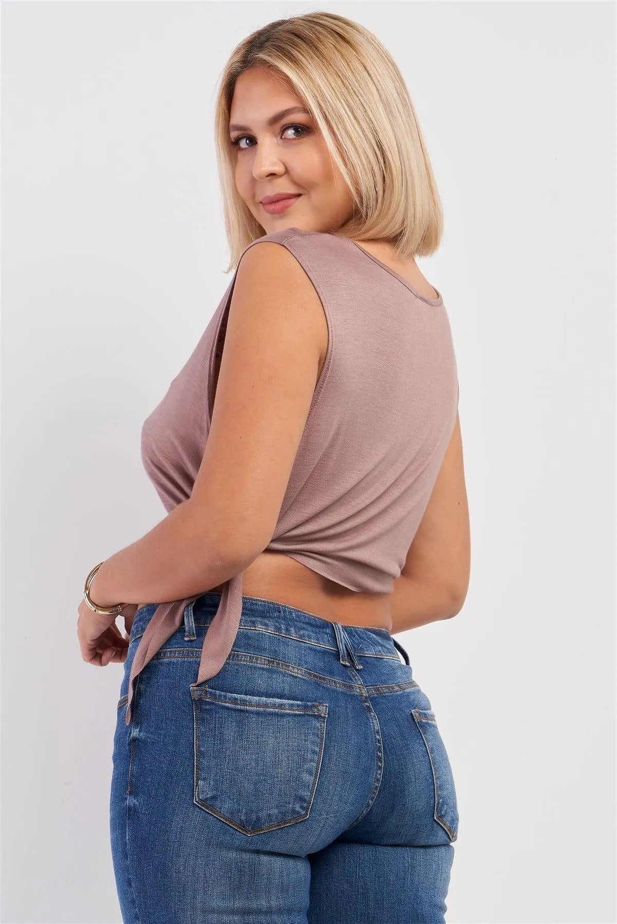 Junior Plus Mocha Sleeveless Multi Patch Detail Self-Tie Sides Distress Crop Top /2-2-2 - Tasha Apparel Wholesale