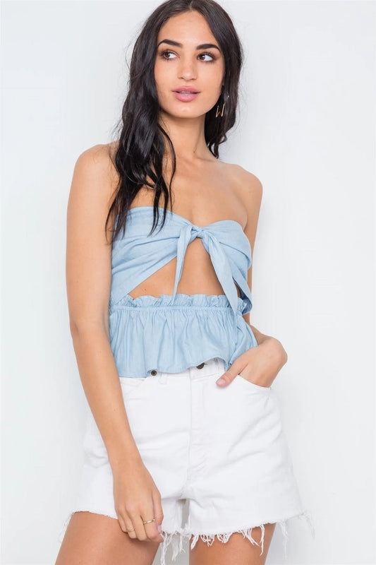Denim Blue Front Tie Shirred Hem Strapless Top /3-2-1 - Tasha Apparel Wholesale