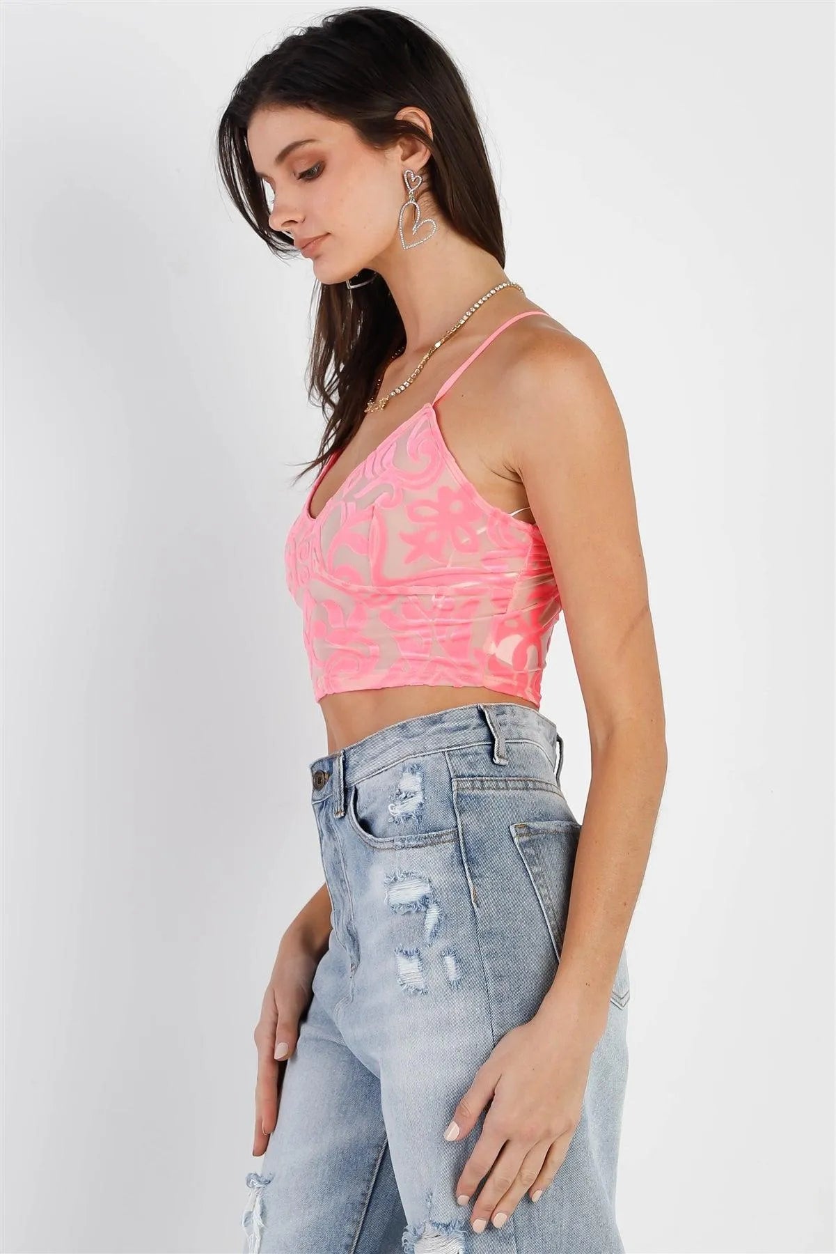 Neon Pink Mesh Velvet Print Criss-Cross Back Sleeveless Crop Top /2-2 - Tasha Apparel Wholesale
