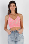 Neon Pink Mesh Velvet Print Criss-Cross Back Sleeveless Crop Top /3-2-1 - Tasha Apparel Wholesale