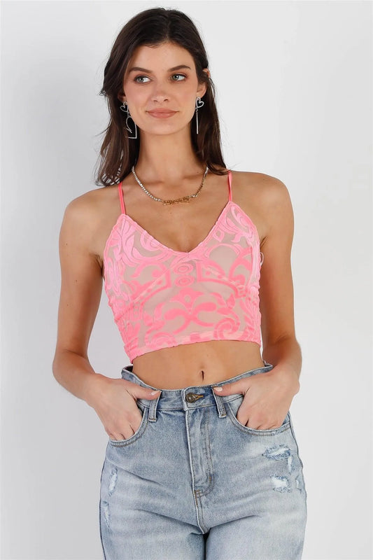 Neon Pink Mesh Velvet Print Criss-Cross Back Sleeveless Crop Top /3-2-1 - Tasha Apparel Wholesale