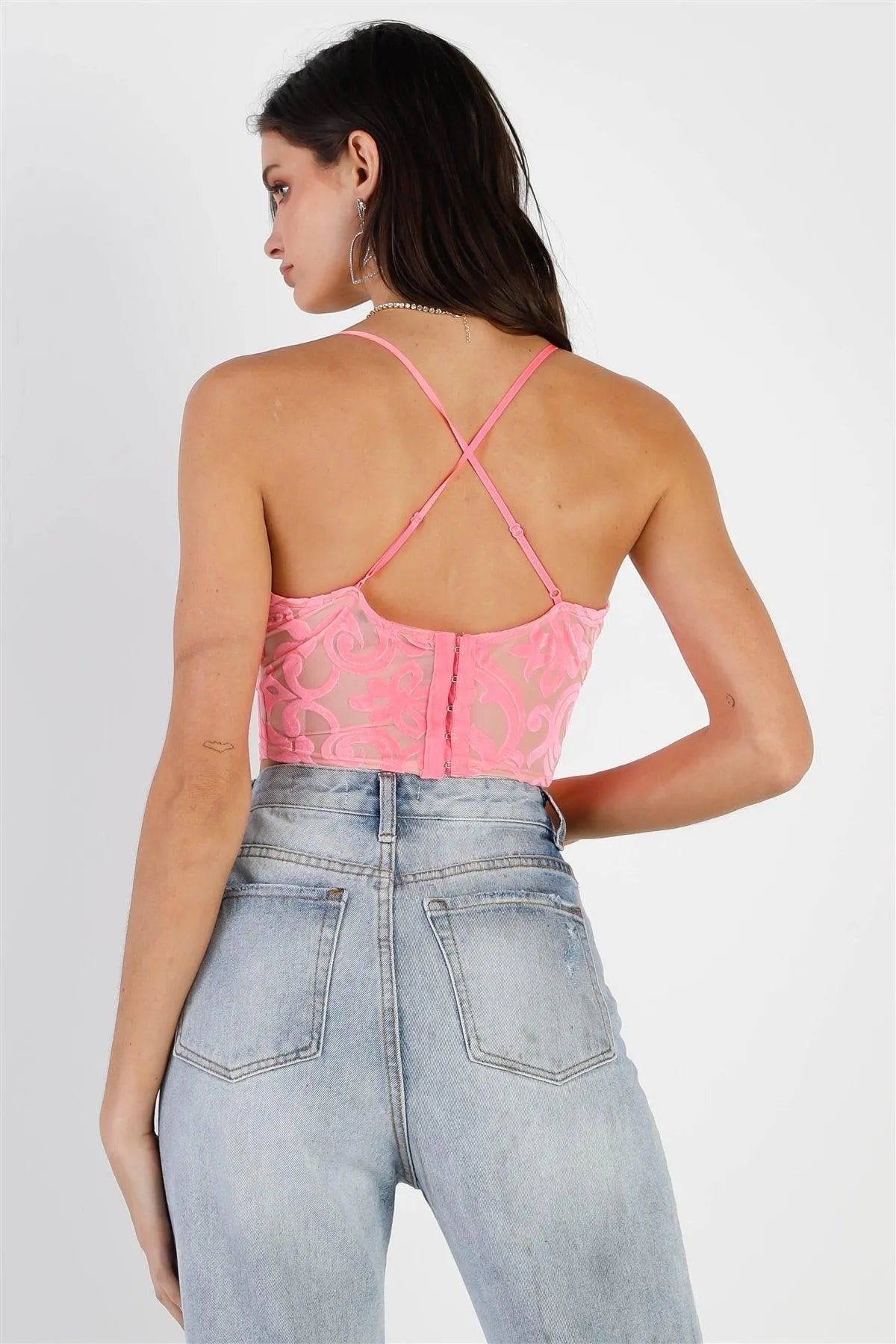 Neon Pink Mesh Velvet Print Criss-Cross Back Sleeveless Crop Top /3-2-1 - Tasha Apparel Wholesale