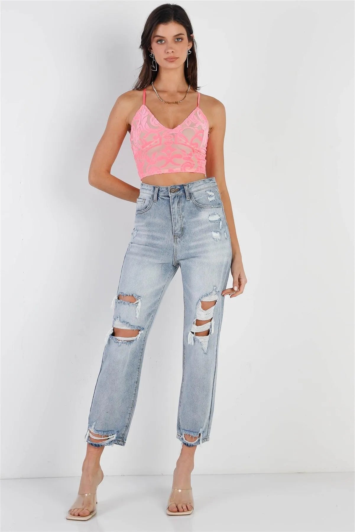 Neon Pink Mesh Velvet Print Criss-Cross Back Sleeveless Crop Top /3-2-1 - Tasha Apparel Wholesale