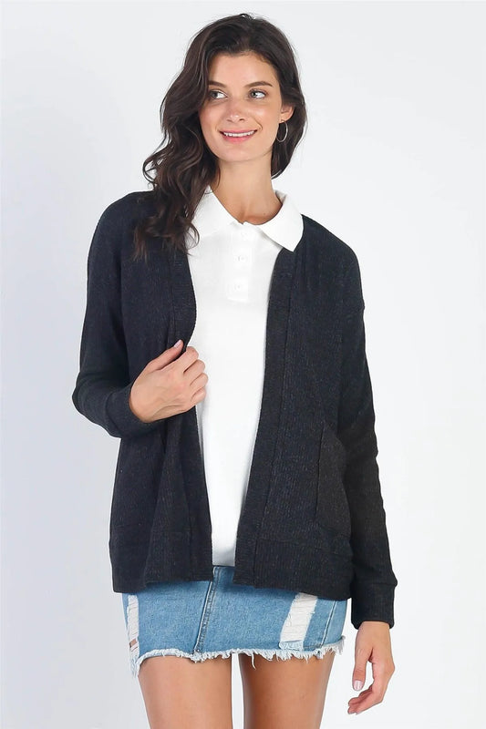 Charcoal Ribbed Flannel Long Sleeve Cardigan /2-1 - Tasha Apparel Wholesale
