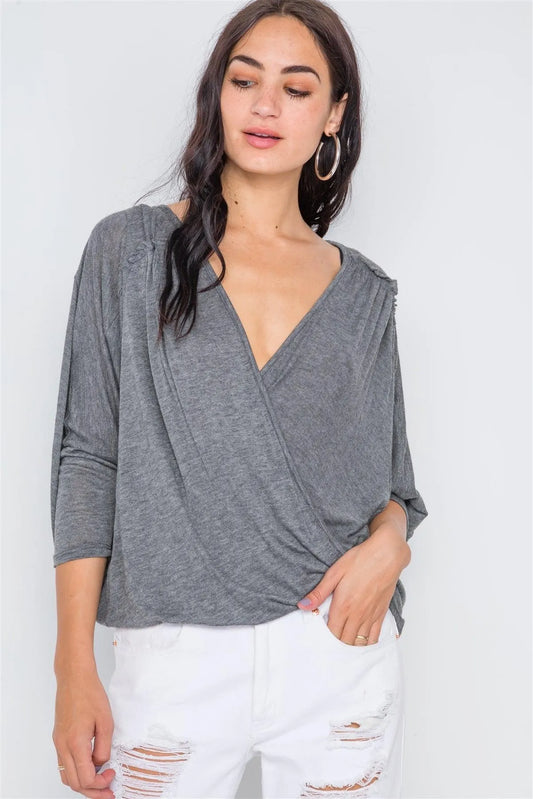 Grey Lightweight Soft Front Knot Twist Drape Asymmetric Top /2-2-2 - Tasha Apparel Wholesale