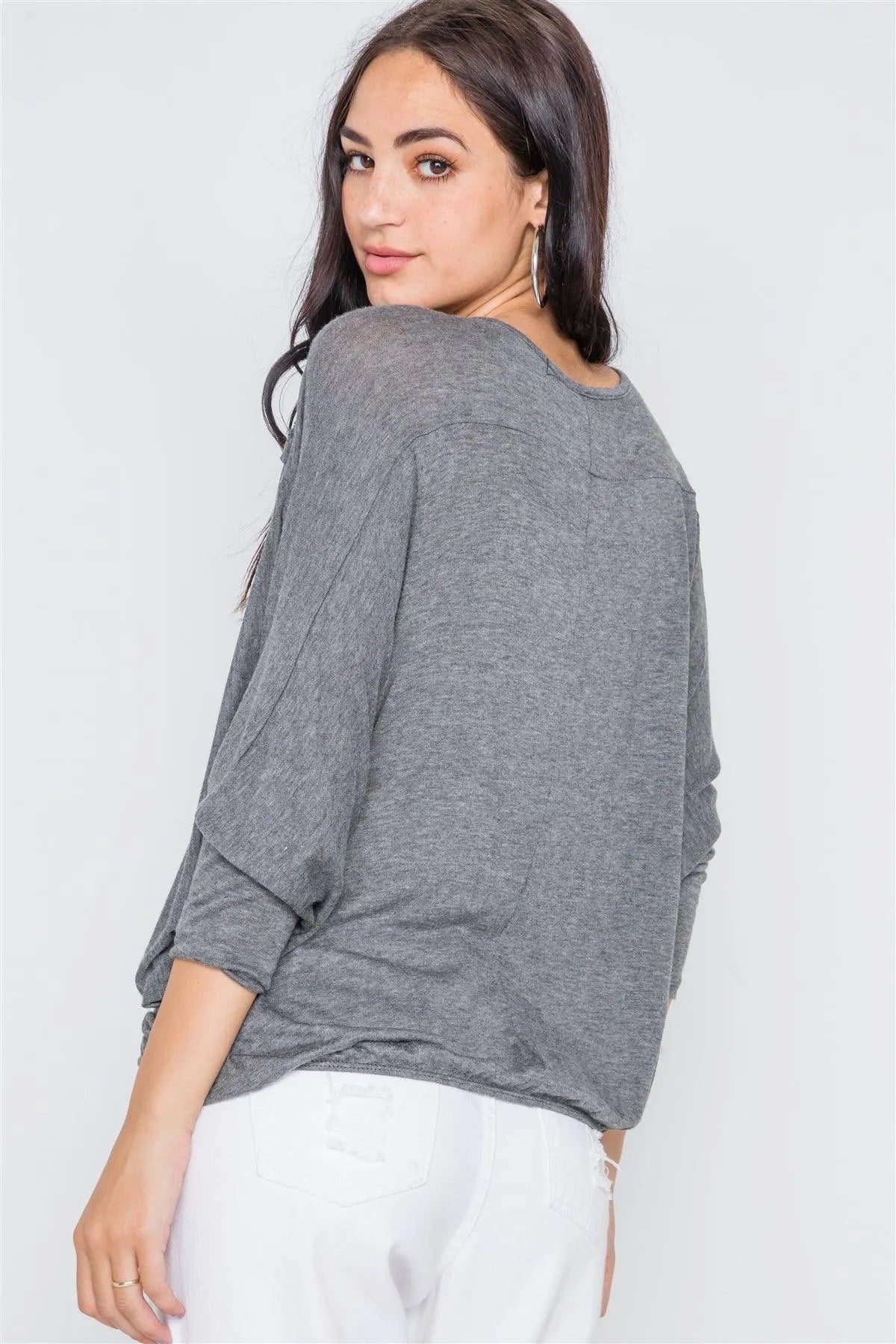 Grey Lightweight Soft Front Knot Twist Drape Asymmetric Top /2-2-2 - Tasha Apparel Wholesale