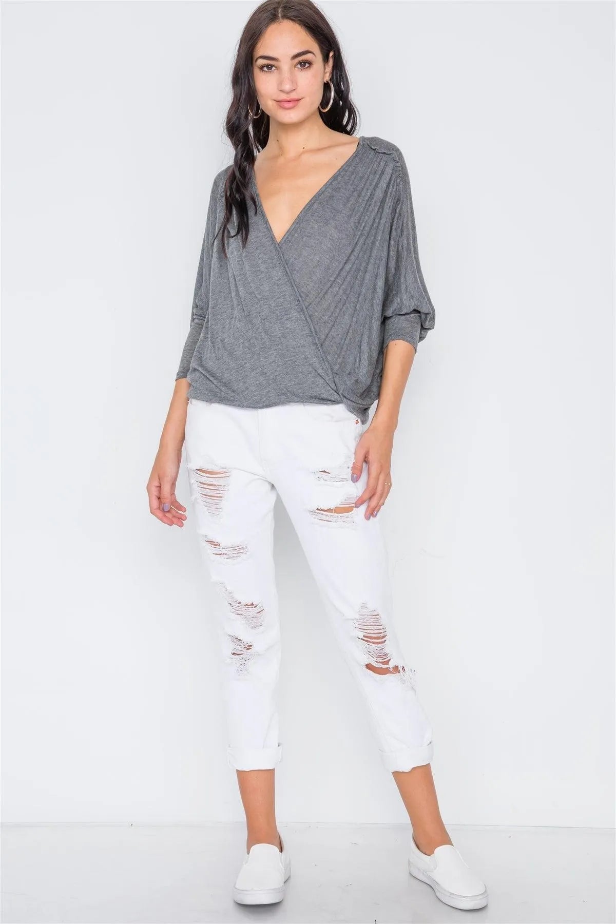 Grey Lightweight Soft Front Knot Twist Drape Asymmetric Top /2-2-2 - Tasha Apparel Wholesale