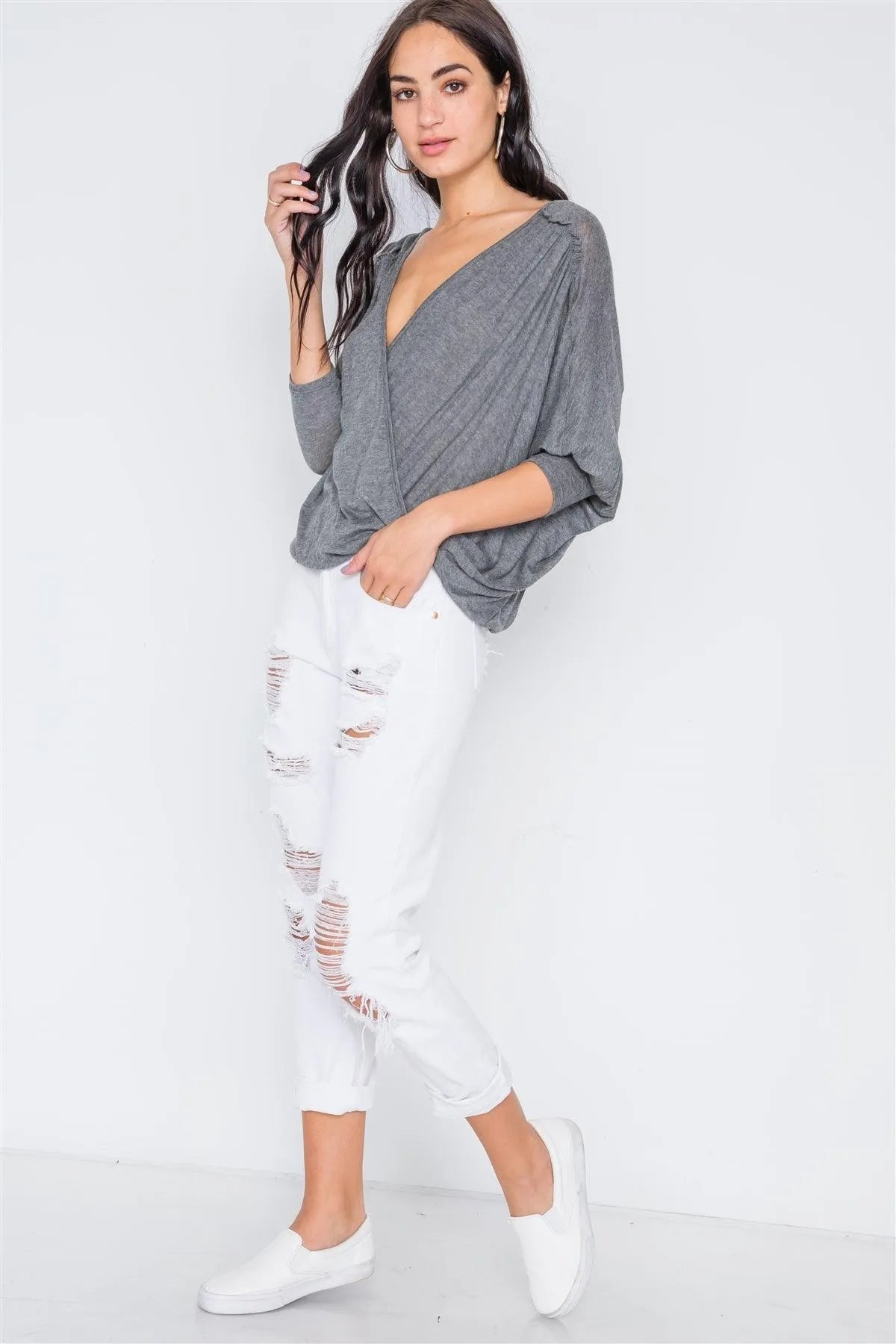 Grey Lightweight Soft Front Knot Twist Drape Asymmetric Top /2-2-2 - Tasha Apparel Wholesale