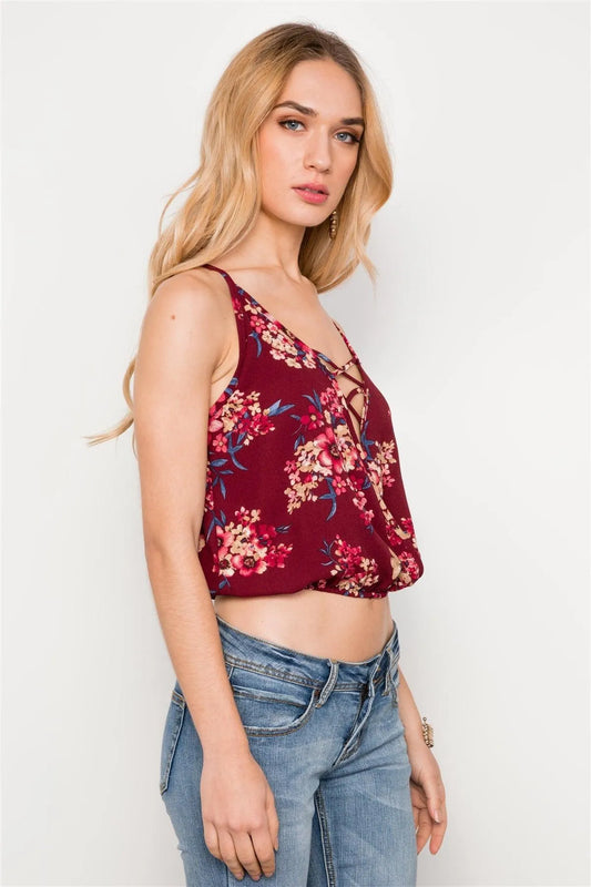 Burgundy Surplice Strappy Neck Cami Boho Crop Top /2-2-2 - Tasha Apparel Wholesale